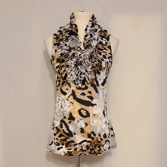 Milano Tops - Milano Amimal Print Ruffle Neckline Sleeveless Top